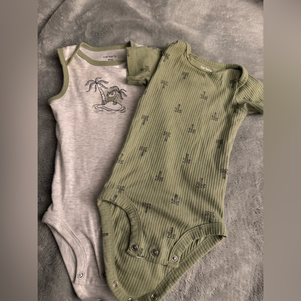 Carter's Olive and Light Gray Baby Onesies 9m